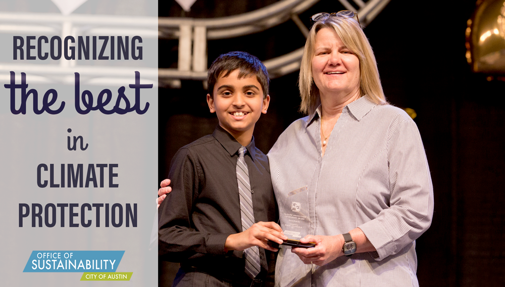 Woman presenting an award to a school-age boy. Text reads "Recognizing the best in climate protection"