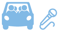 Icon: light blue car with people in it with microphone