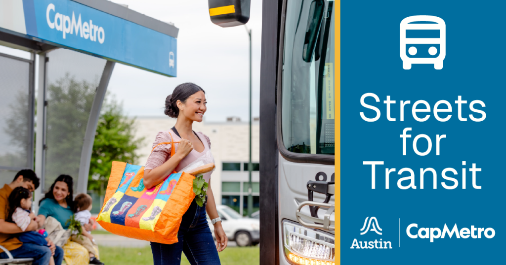 A woman boards a CapMetro bus in Austin, Texas.