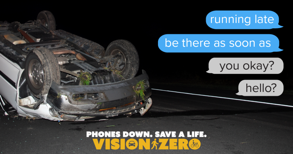 Upside down vehicle in crash. Text messages stating "running late, be there as soon as, you okay? hello?"