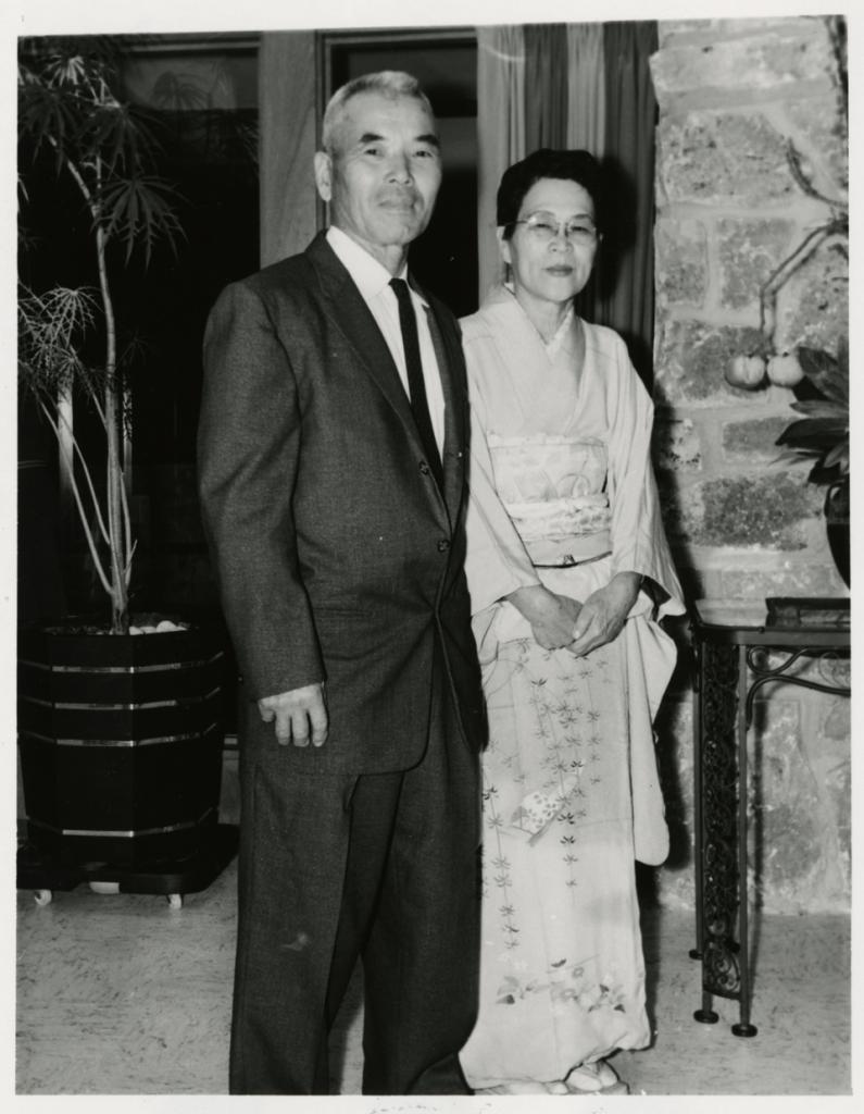 Isamu and Sadayo Miyagi Taniguchi standing black and white