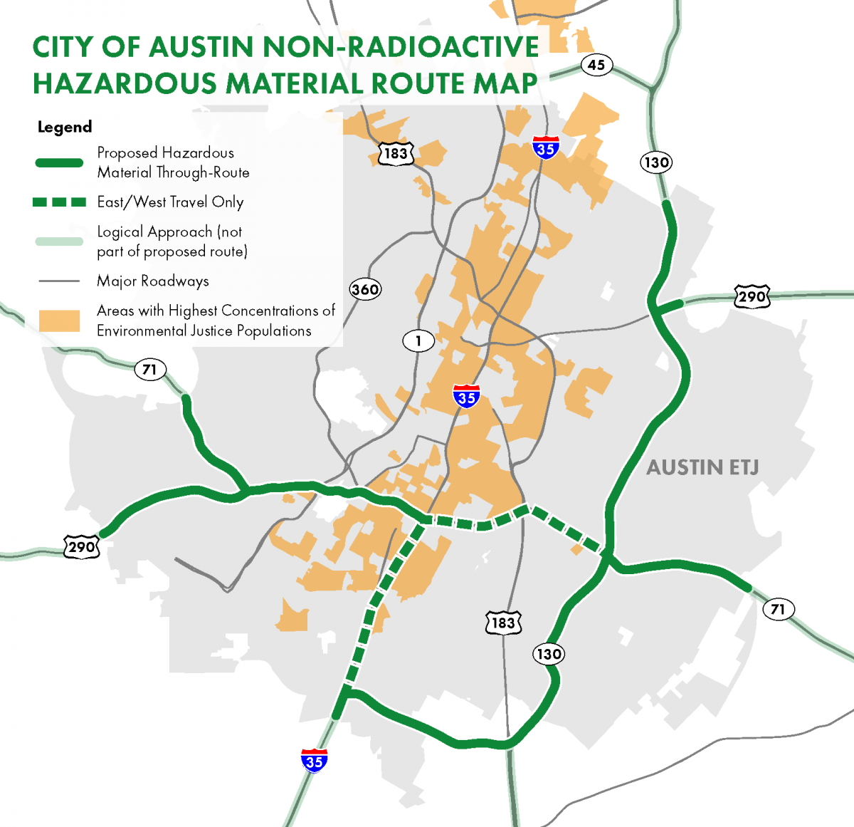 Map of the proposed route for non-radioactive hazardous materials for Austin with an overlay that shows high concentrations of environmental justice populations.