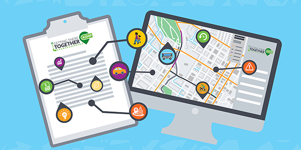 Illustrated graphic of clipboard and tablet showing map of Austin mobility conditions