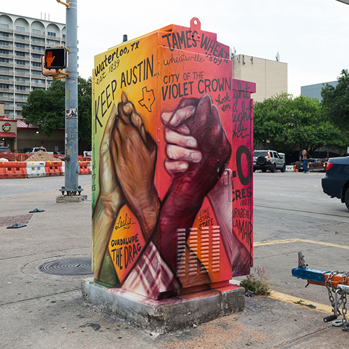 Artbox installation by Emily Ding on Rundberg Lane at MLK Jr. Boulevard and Guadalupe Street.