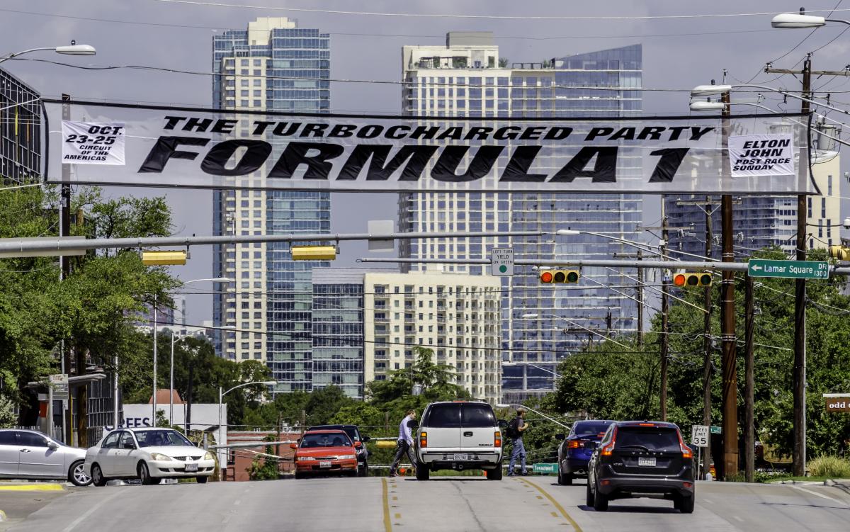 F1 over-the-street banner, credit Michael Knox, Economic Development Department, City of Austin