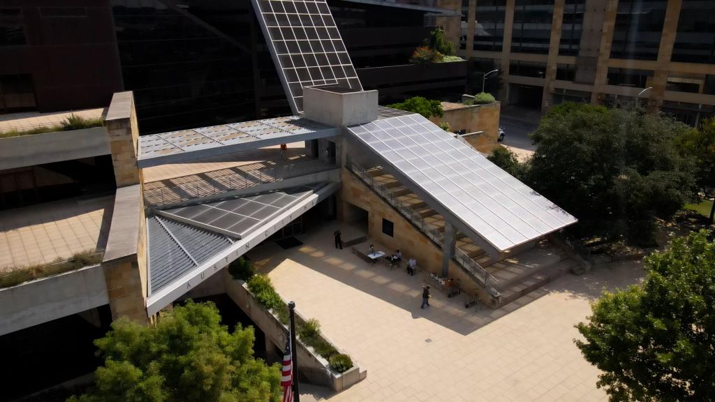 Exterior view of Austin City Hall from Cesar Chavez Street.