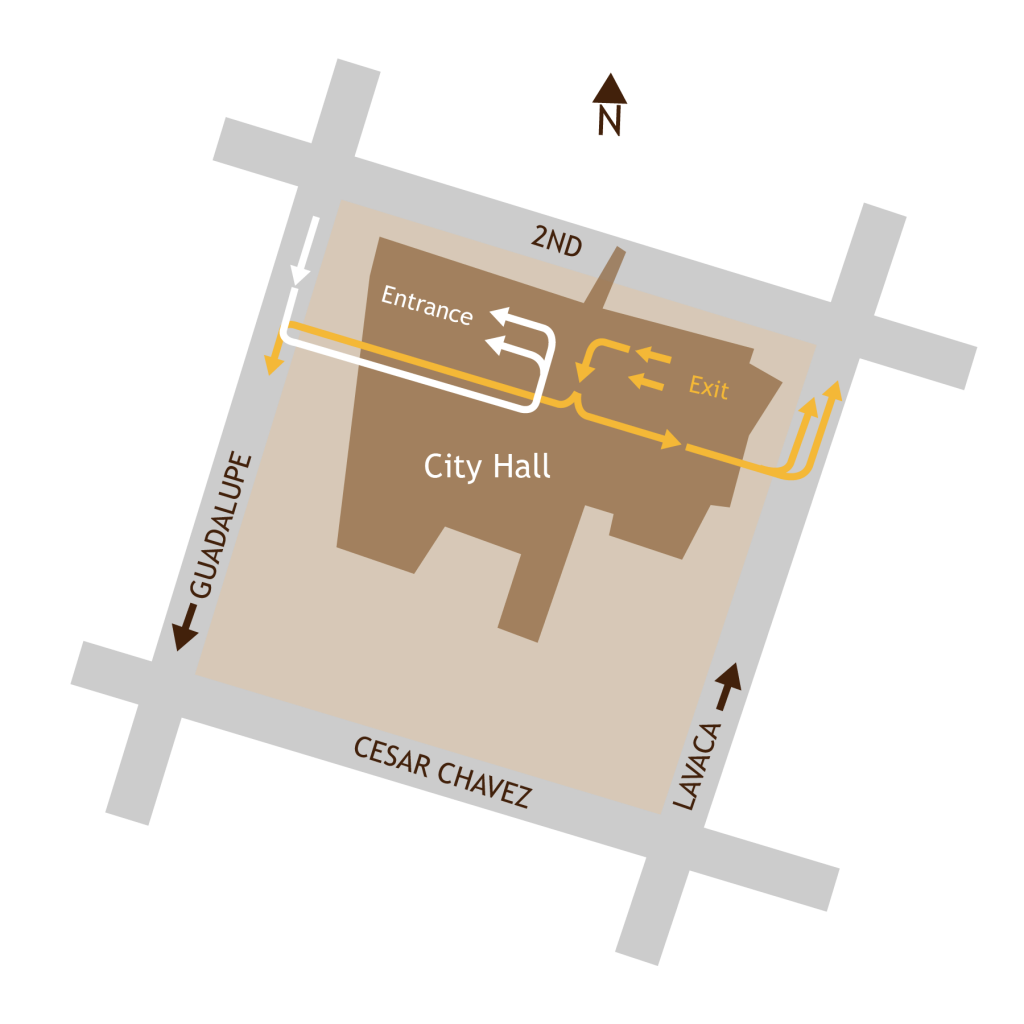 Diagram showing entrance to City Hall Garage from Guadalupe Street and exit routes to Lavaca and Guadalupe Streets.