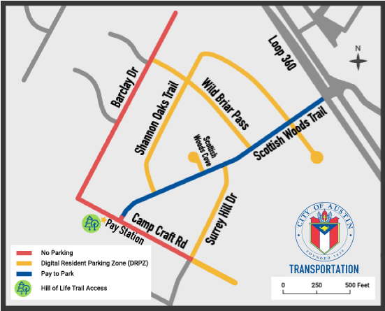 Map of parking zones within Woods of Westlake neighborhood.