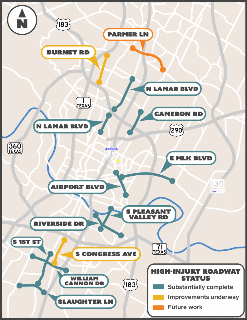 A map of Austin's High-Injury Roadway network. 