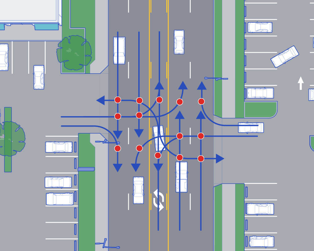 graphic of an intersection before access management treatment