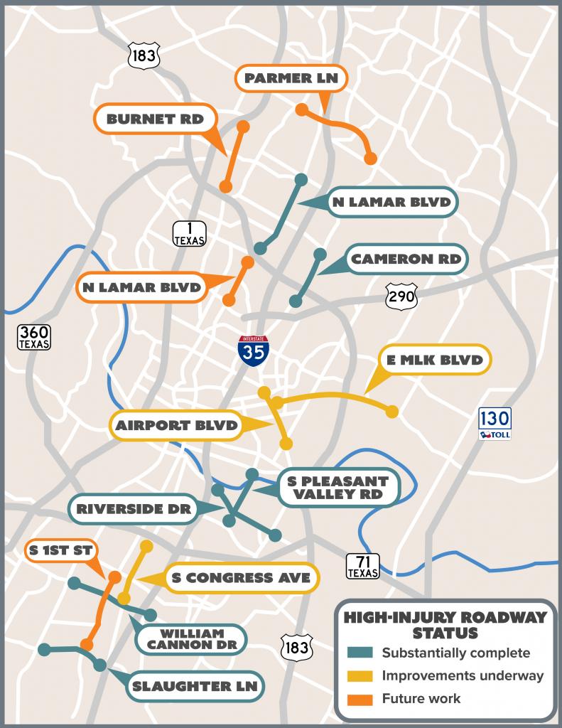 A map shows the 13 road sections in Austin identified as High-Injury Roadways and the progress of improvements on each. 