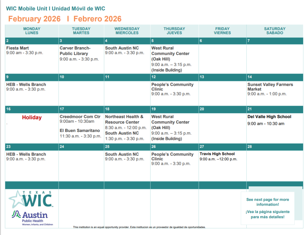 February 2026 WIC Mobile Unit Calendar - dates with locations and hours. Please call 512-972-4942 for information.