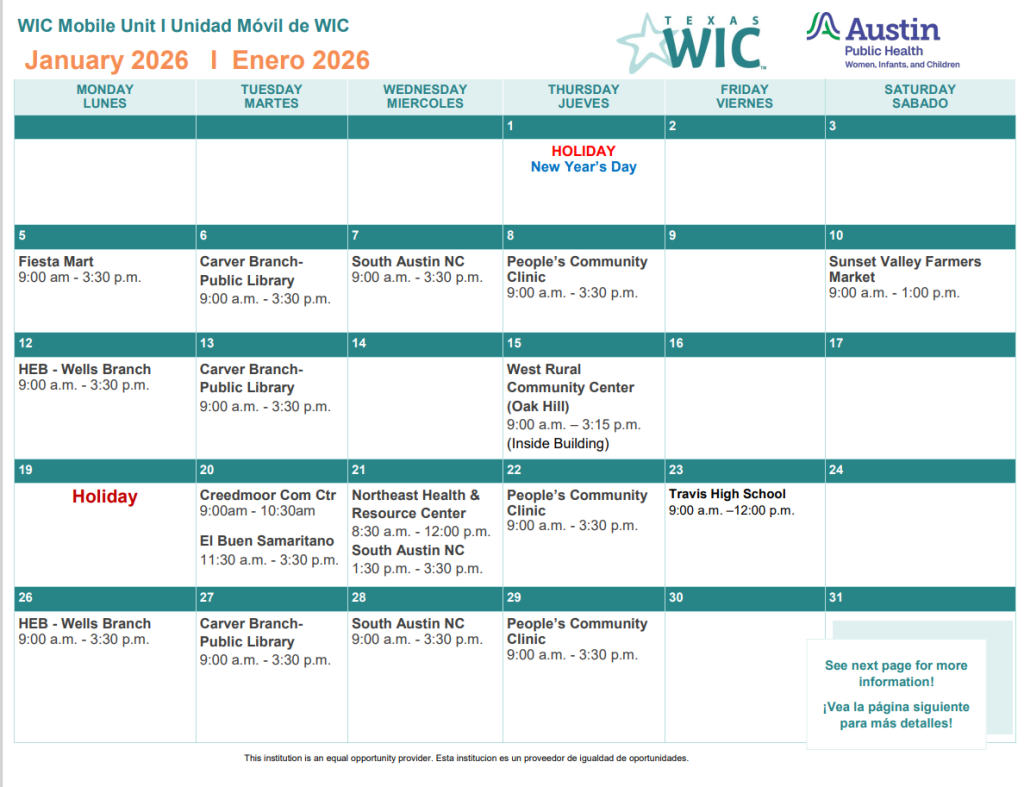 PDF of the January 2026 Mobile Unit Calendar with locations and times.