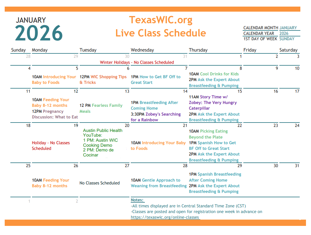 Image of the January 2026 Live Classes Calendar