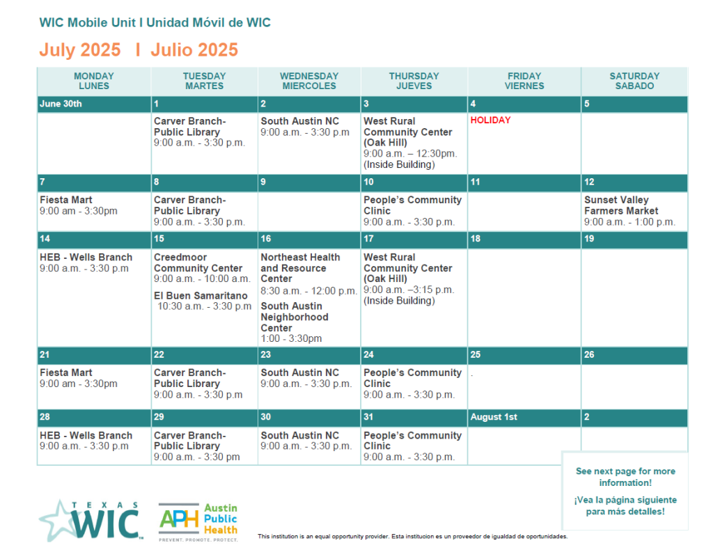 Image of July 2025 WIC Mobile Unit Calendar 