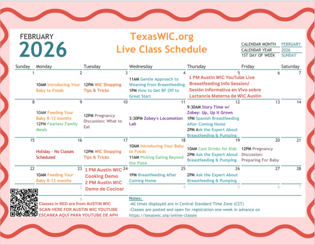 WIC February Calendar for Live Nutrition Classes