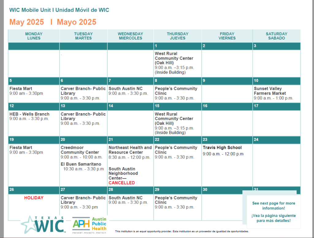 This is the May 2025 calendar for the days, hours, and locations for the WIC Mobile Unit.