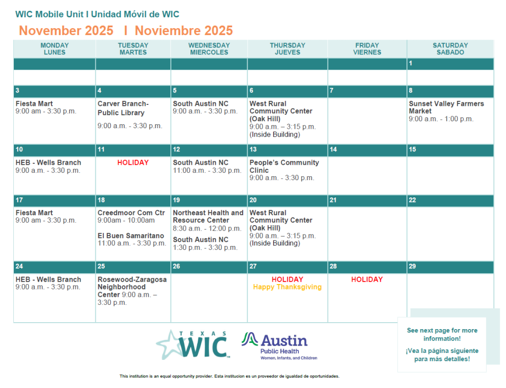 WIC Mobile Unit November Calendar- Dates and locations for where Mobile Unit will be providing services