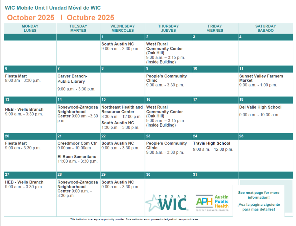 Mobile Unit October 2025 Calendar, listing days and time at different locations.
