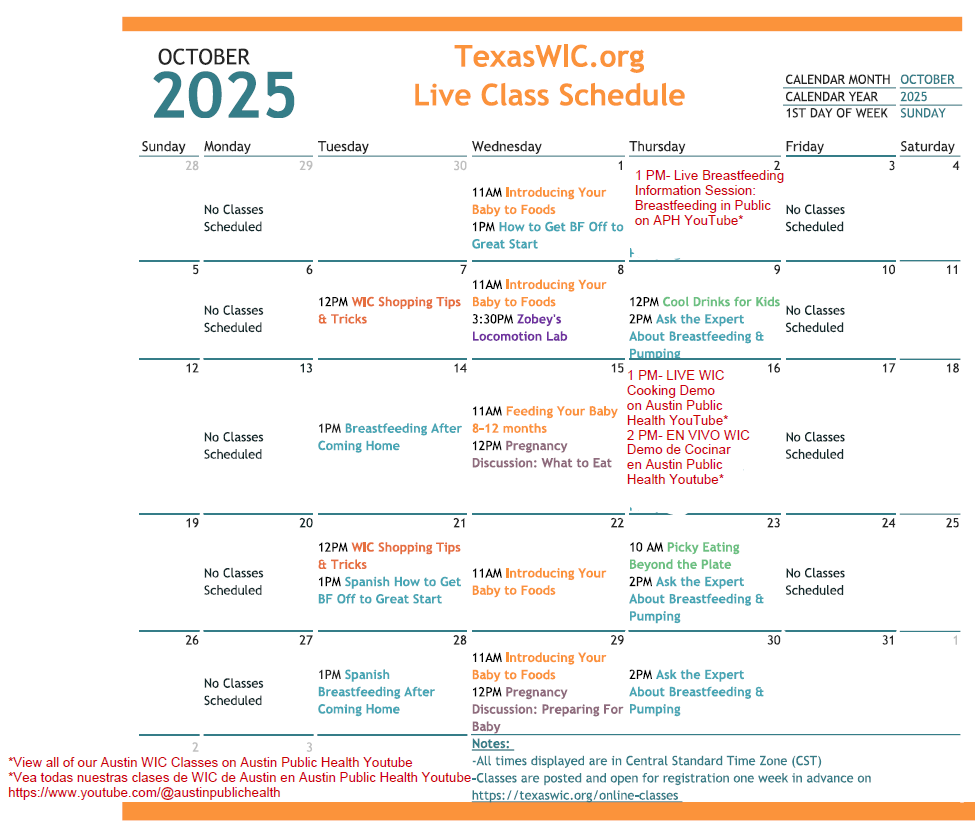 October 2025 Nutrition and Breastfeeding Live Classes