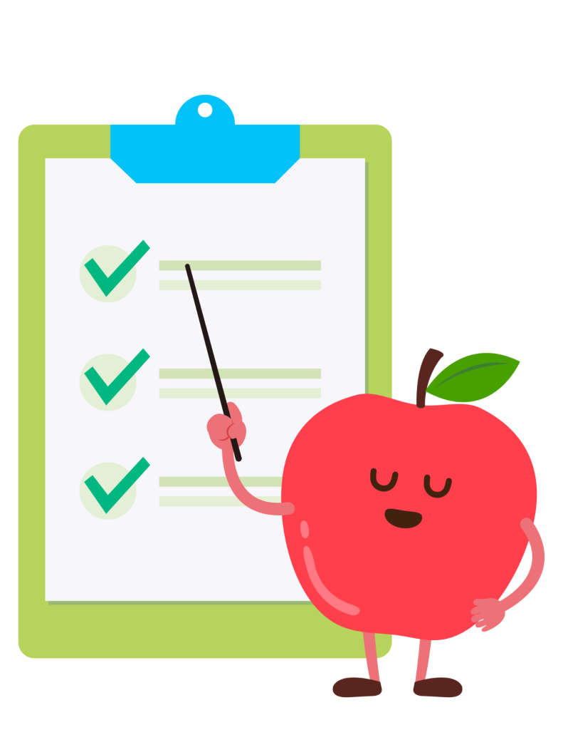 Cartoon picture of an apple teaching and pointing at items on a clip board
