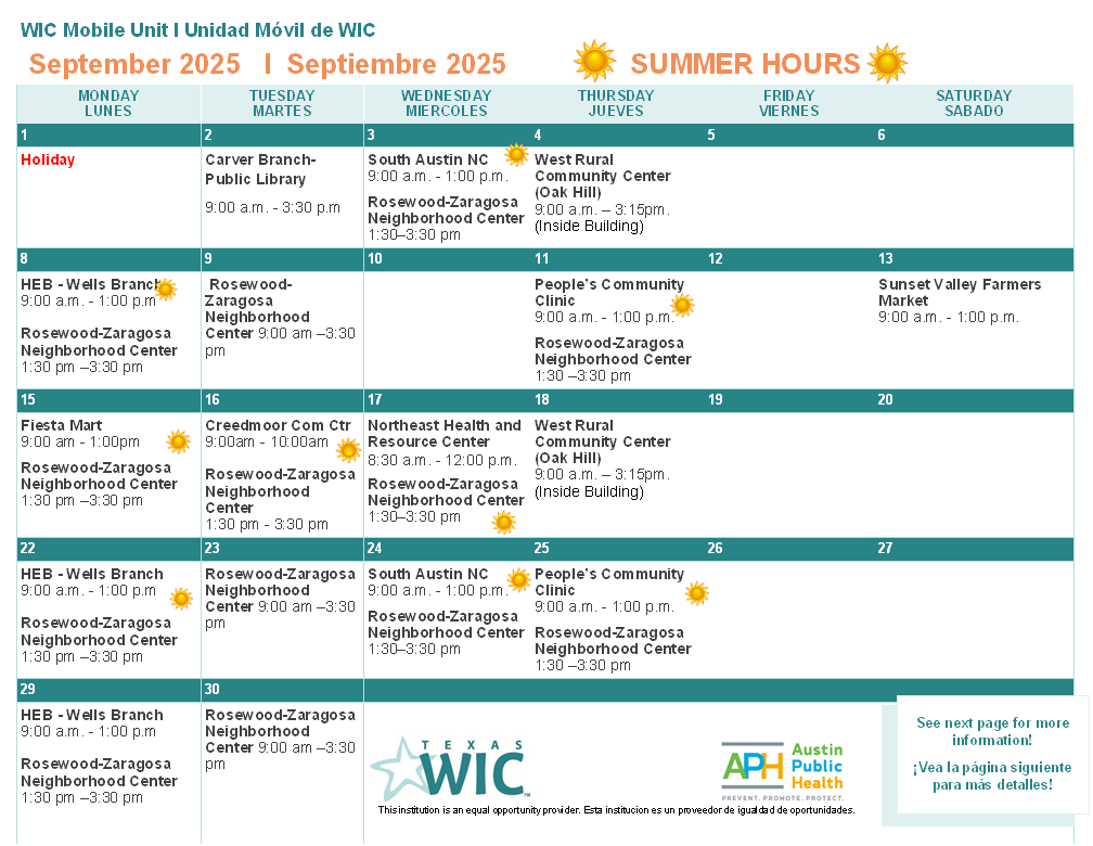 WIC Mobile Unit Calendar of location for September 2025