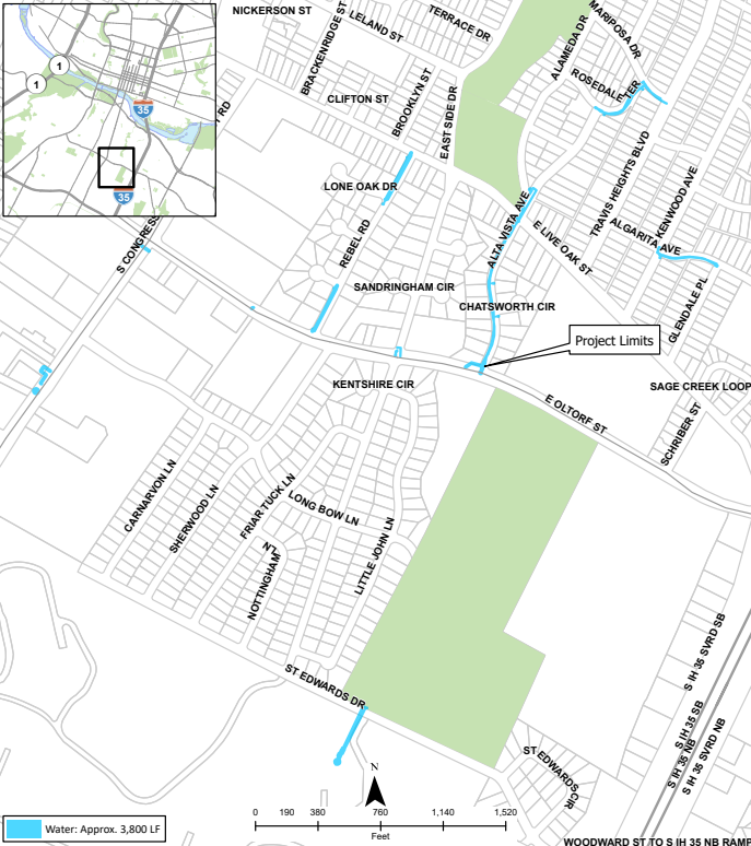 A map of the Oltorf Pressure Zone Improvement Project in the Travis Heights area