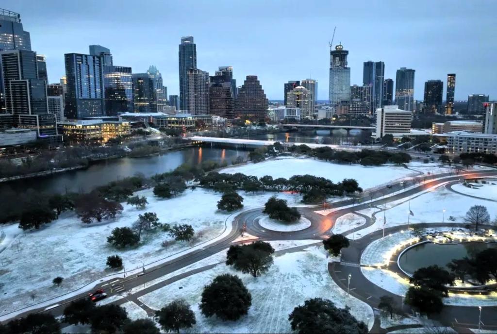 A view of snowy winter weather in Austin