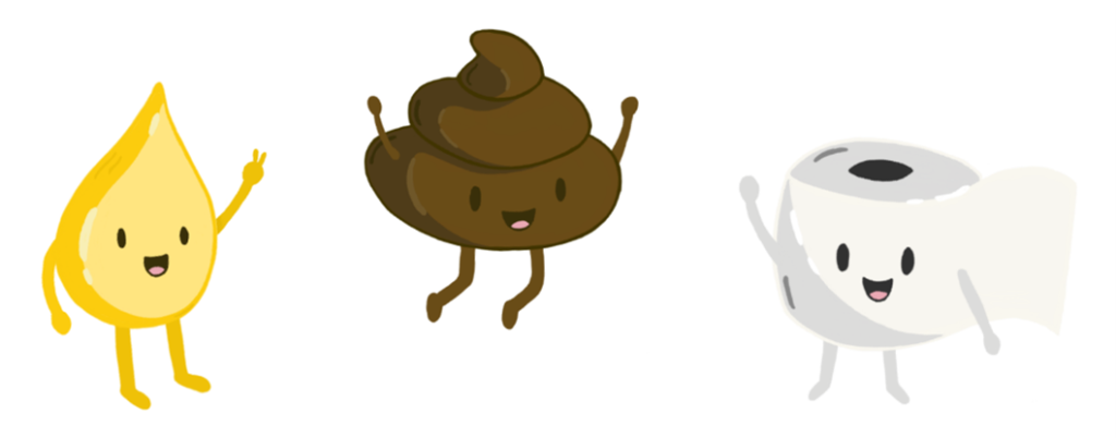 A graphic showing, from left to right, the drawing of a drop of pee, poop, and toilet paper.