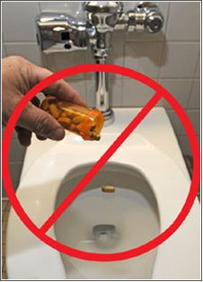 Image of a hand flushing pills down a toilet, crossed out