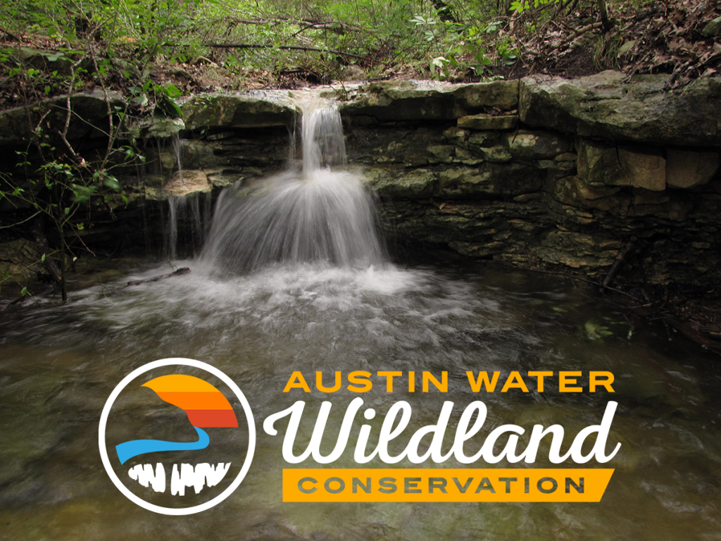 image of a waterfall in a creek with the Austin Water Wildlands Logo overlayed on top it.