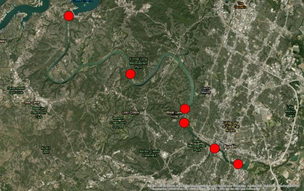 Map showing six monitoring sites on Lake Austin and Lady Bird Lake