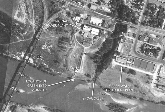 This aerial photo from 1940 shows a structure at the same location as the green-eyed monster. The Green Water Treatment Plant and the original power plant (that would become the Seaholm Power Plant) were located north of the river on either side of Shoal Creek.