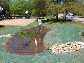 Caption: Dottie Jordon rain gardens installed in Feb. 2015, a series of 3 storage bays.  