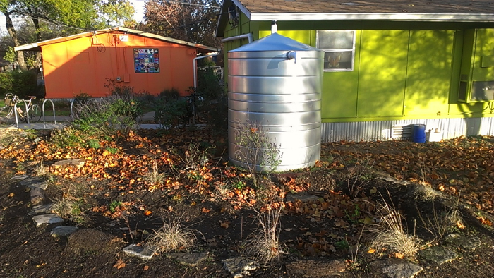 Zilker Elementary rain tank and rain garden, catching roof runoff and overflow from tank