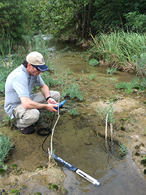 pH, DO, temperature and conductivity are measured with electronic instruments at each site visit.