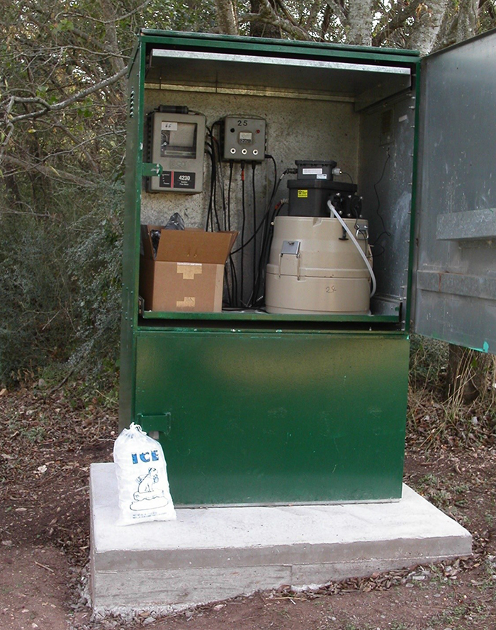 Pre-storm preparation at Lion Golf Club. Rain gauge is cleaned, flow meter is synced and Sampler is iced for samples preservation. 