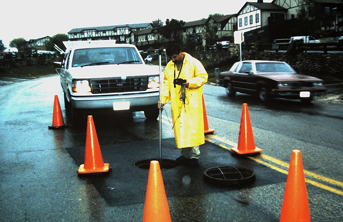 Velocity reading inside an underground reinforced pipe to verify flow cubic feet per second during an event.  This secondary measurement helps to determine accurate flow calculation.