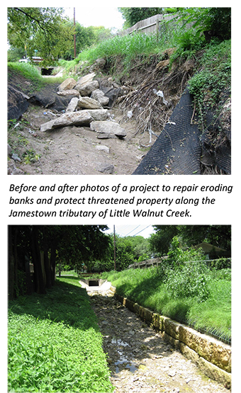 Before and after photos of a project to repair eroding banks and protect threatened property alont the Jonestown tributary of Little Walnut Creek.