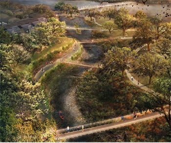 Illustrated vision for the mouth of Waller Creek, as adopted in the Waller Creek Design Plan.