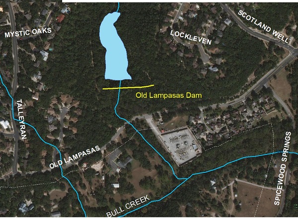 Map showing location of the dam near Spicewood Springs and Old Lampasas.