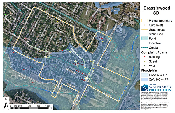 Map of project area, complaints and floodplain