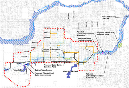 Map showing the project area, proposed storm drain pipes, proposed detention ponds and other aspects of the project.