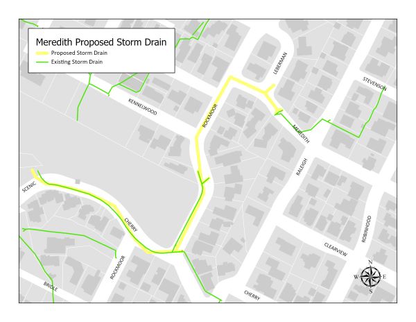 Map showing existing and proposed storm drain system.