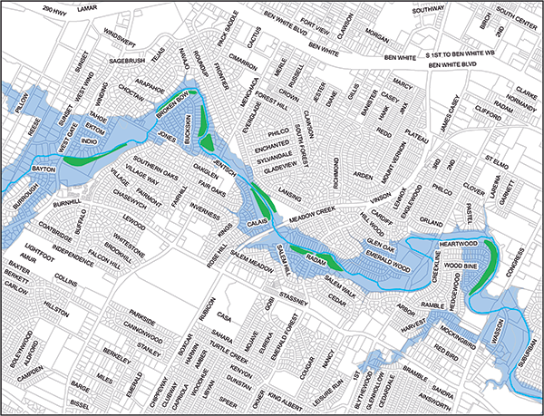 Map showing potential areas for creek modifications.
