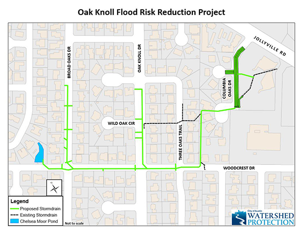 Map showing existing storm drain system and proposed new pipes.