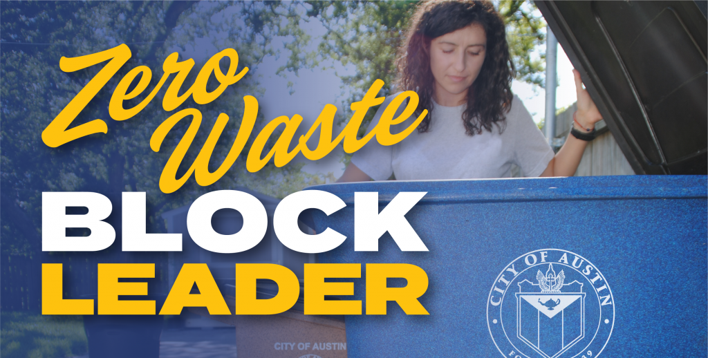 Zero Waste Block Leader. Woman lifts the lid of her blue recycling cart.