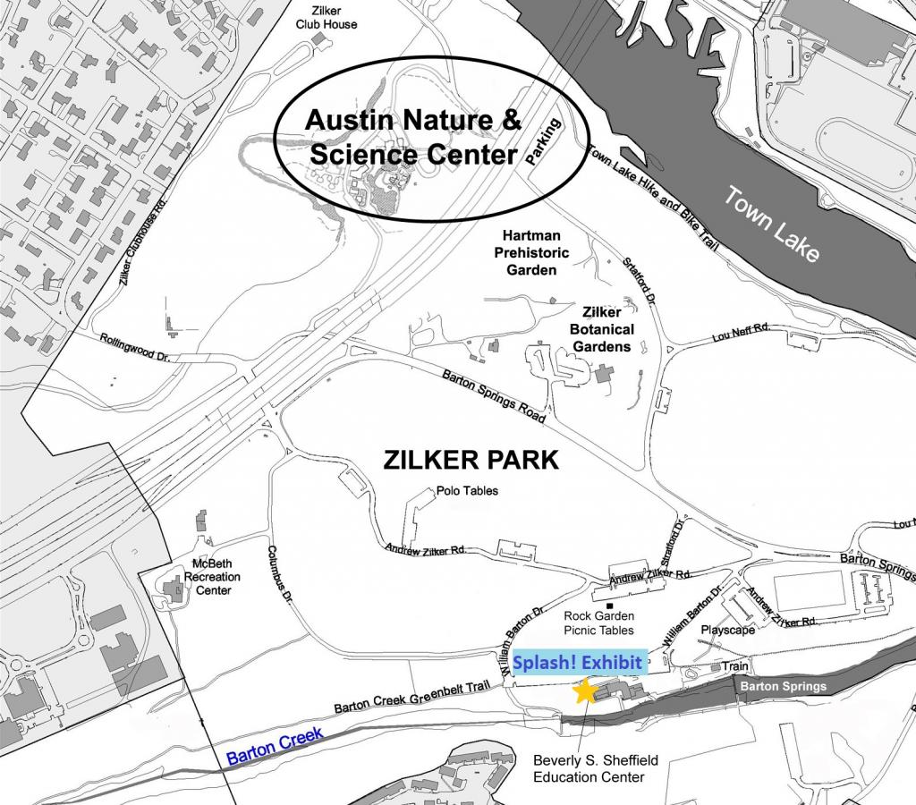Map of Zilker Park showing location of Splash! Exhibit.