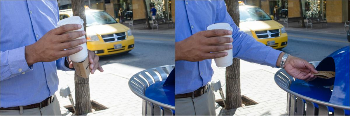 Two photos of August showing him recycling the paper sleeve from his coffee cup in a blue recycling bin downtown.