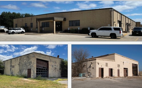 photo collage of three brown buildings that are no longer in use at the airport